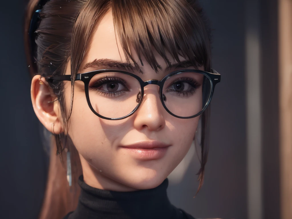 Masterpiece, portrait face, eve, stellar blade, fringe hair , ponytail hair,  black turtleneck shirt,  oiled skin , wet hair, posing , (light brown eyes), (medium closed smile), ((blushing cheeks)), woman looking camera, Woman with rectangular magnifying glasses with red frames, pink eyelid makeup, cinematic photo 8k, hdr, dark photo, color grading,