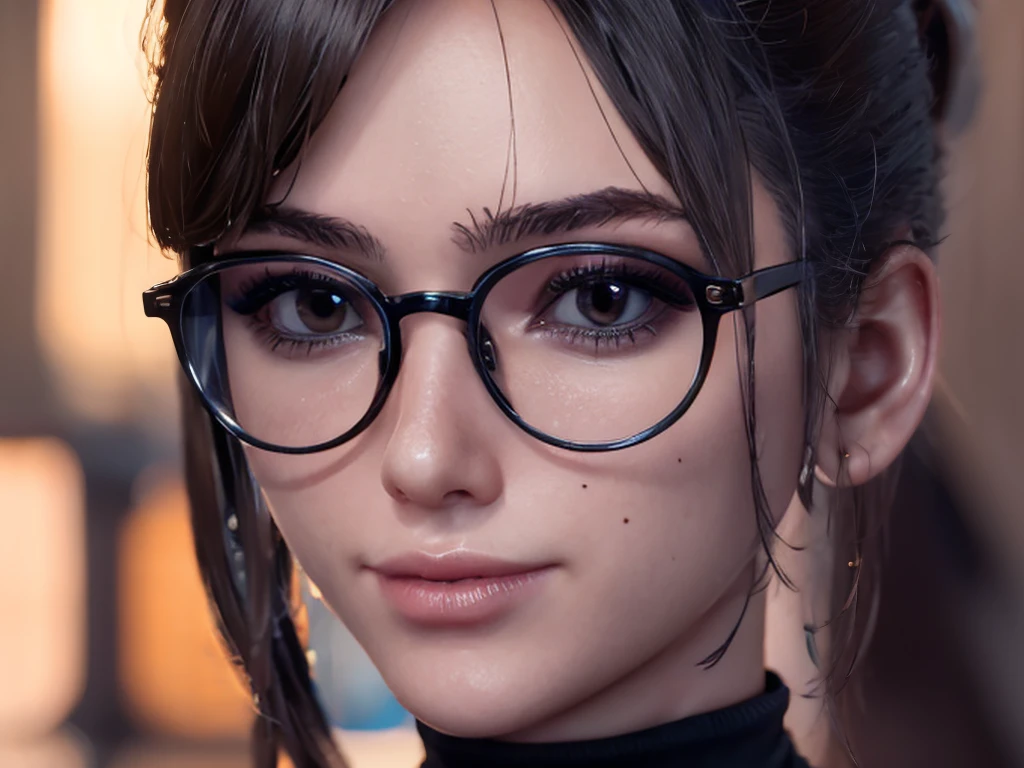 Masterpiece, portrait face, eve, stellar blade, fringe hair , ponytail hair,  black turtleneck shirt,  oiled skin , wet hair, posing , (light brown eyes), (medium closed smile), ((blushing cheeks)), woman looking camera, Woman with rectangular magnifying glasses with red frames, pink eyelid makeup, cinematic photo 8k, hdr, dark photo, color grading,