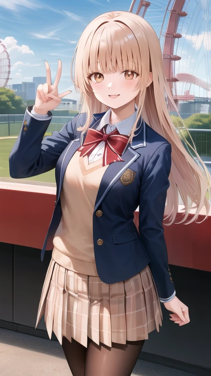 masterpiece, best quality, highres, Shiina Mahiru, long hair, red bowtie, blue jacket, blazer, long sleeves, plaid skirt, brown skirt, pantyhose, peace sign, amusement park, smile, standing