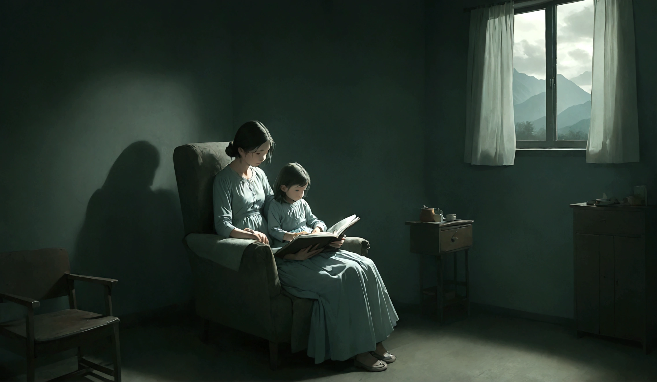Create an illustration for a horror story featuring a young girl, about , sitting on her mother's lap in a chair. The mother is reading a story to her. The style and color palette should match the reference image provided, maintaining the same level of detail and atmospheric lighting. The scene should be set in the same dimly lit room, preserving the eerie and somber ambiance. The background should include the same window with the distant mountains, consistent with the previous illustrations. The mother's expression should be gentle and calming, while the young girl looks both curious and slightly apprehensive, adding to the suspenseful mood of the story. Ensure the colors and shadows are consistent with the reference image, emphasizing the contrast between the warm, intimate moment and the unsettling environment.