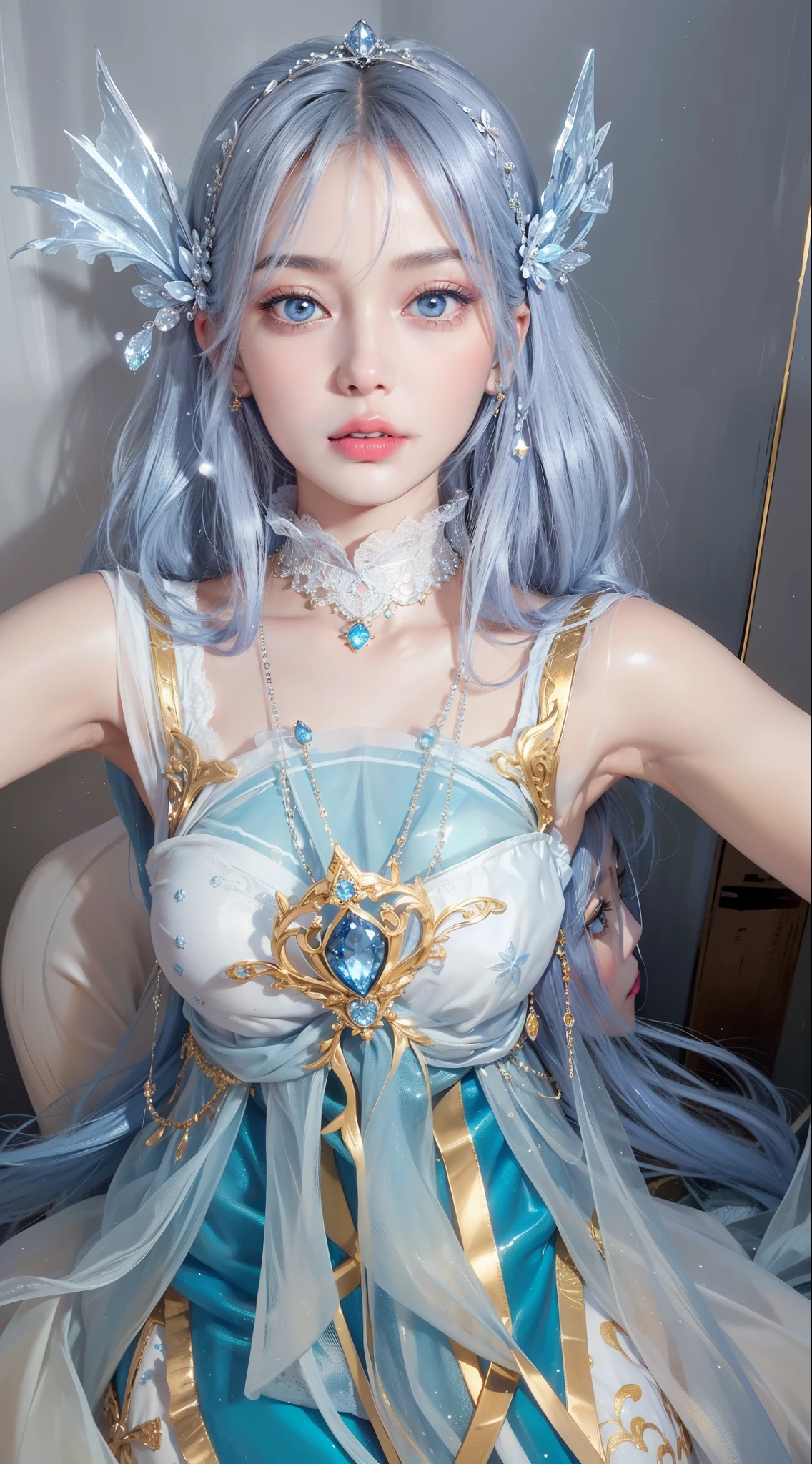 Super detailed, Delicate face, Realistic style, Stock Photography ,  rich and colorful, Surrealism, Realistic textures, Dramatic Lighting, Thin Film Distiller 800 (8K, original photo, Better quality, masterpiece: 1.2), Super detailed, (Extremely delicate skin: 1.2), 8K Ultra HD, SLR camera, Soft Light, high quality，Snow Queen,ice castle，Blue pupils，Apply red lipstick，Ultra-clear portrait，Wearing necklace jewelry，apply lipstick，Wear heavy makeup，The facial texture is very clear，Deep blue eyes(Sapphire-like pupils)，A crown of luxury，Diamond necklace，Lace Print，Beautiful goddess，Gorgeous and exquisite gold jewelry，Yan Lingji，Mermaid Princess