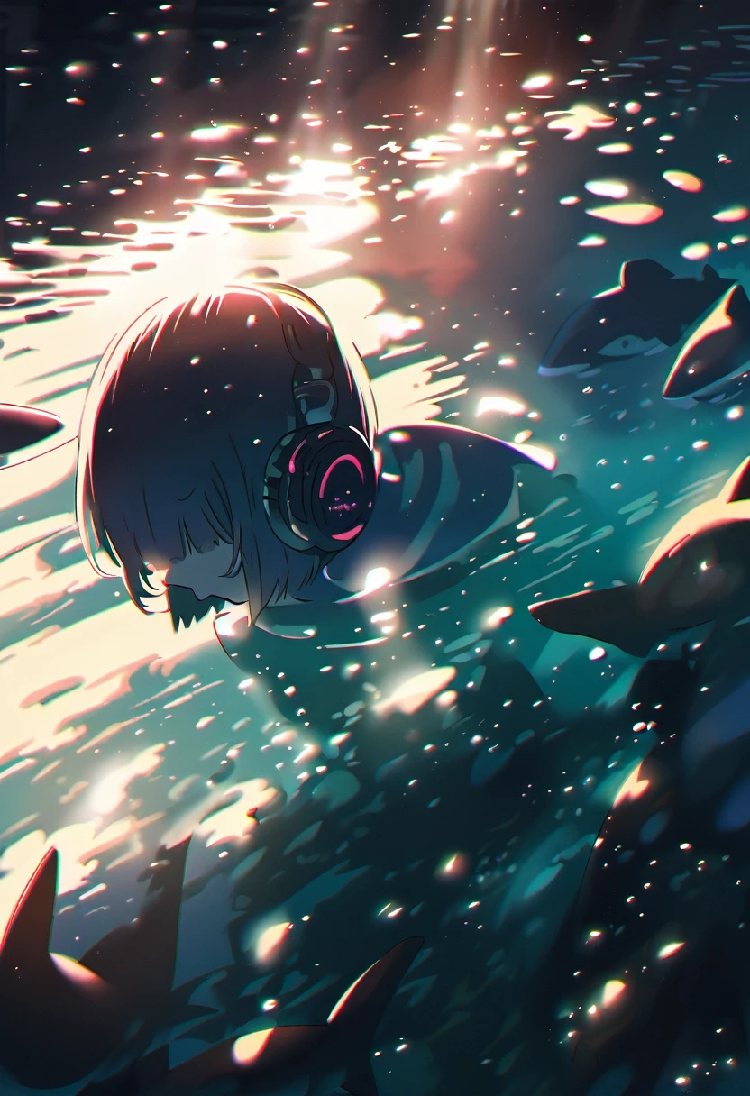 (extremely detailed fine touch:1.3), (hard light, studio light, light rays, dappled light, reflection, shadows, ray tracing:1.0), (2D:1.3), ///, kawaii girl, scuba diving, beautiful sea, shark, (super very short hair:1.3), surrounded by shining light, headphones,