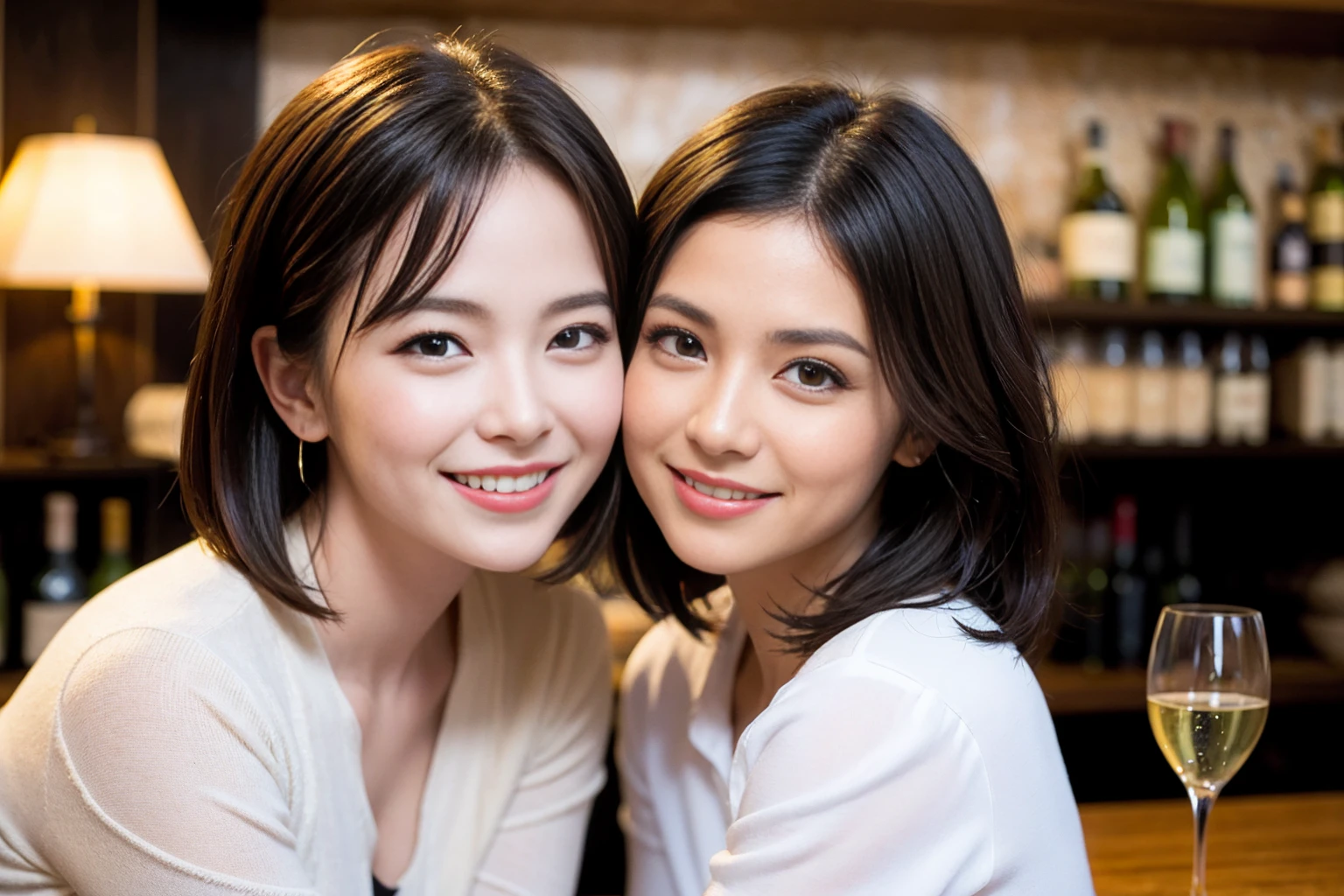 ((highest quality、8k、masterpiece:1.3))、1 male、1 female、Couple、spouse、Couple、The body is slim、((Bob Hale、Straight hair:1.2)), (Realistic, Intricate details:1.2), テーブルの上のwine glass、Put the light on your face、 Amazing view of the sunset sky and clouds、Amazing mountain views、A bright smile、The wonderfulness of smile、Bright image、The beauty of wine, Beautiful Face, blue eyes, The light shines on your face, Blushing, short hair,Bright Face、 (Age 37), 39 years old, red wine 、Appetizers、Italian food、Wine bottle、Champagne、sparkling wine、Two beauties、Brown Hair、Shortcuts、Long sleeve shirt、dress、Pretty Woman 1, (slimな顔), (The body is slim), (Brown Hair), (Shortcuts), cheeks turn a little red,Attractive beauty、restaurant, In a prominent place (From the waist up) Nova Frog Style, actress, model, Upper Body, White wine, slim, wine glass, 中央に置かれたwine glass, smile, (smile: 1.15), Beautiful fine grain, Depth f/2,saturation, High Contrast, Strong light and shadow,Moist Body:1.5、3D texture、Delicate eyes、Brown Hair、The hair is very shiny、