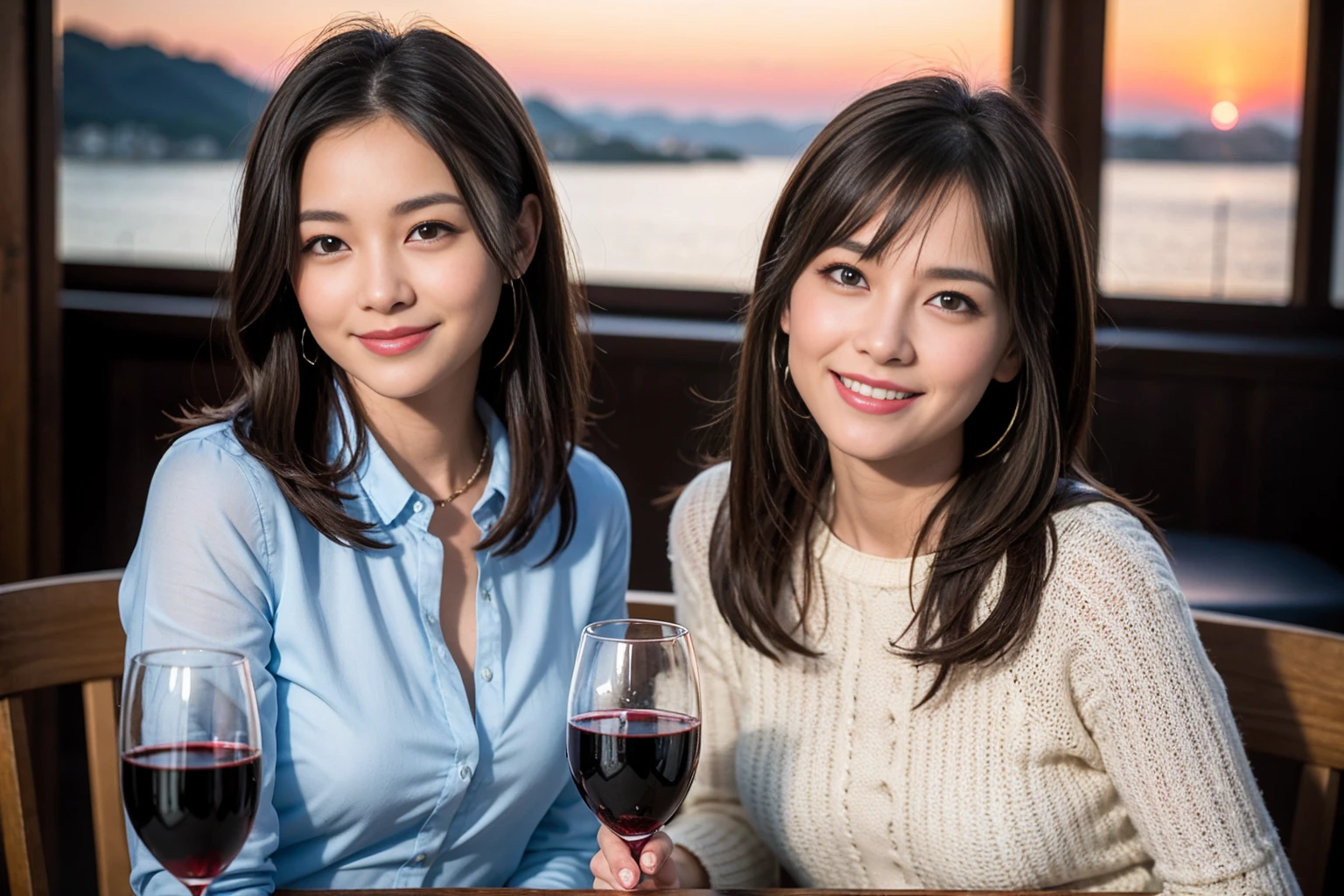 ((highest quality、8k、masterpiece:1.3))、1 male、1 female、Couple、spouse、Couple、The body is slim、((Bob Hale、Straight hair:1.2)), (Realistic, Intricate details:1.2), テーブルの上のwine glass、Put the light on your face、 Amazing view of the sunset sky and clouds、Amazing mountain views、A bright smile、The wonderfulness of smile、Bright image、The beauty of wine, Beautiful Face, blue eyes, The light shines on your face, Blushing, short hair,Bright Face、 (Age 37), 39 years old, red wine 、Appetizers、Italian food、Wine bottle、Champagne、sparkling wine、Two beauties、Brown Hair、Shortcuts、Long sleeve shirt、dress、Pretty Woman 1, (slimな顔), (The body is slim), (Brown Hair), (Shortcuts), cheeks turn a little red,Attractive beauty、restaurant, In a prominent place (From the waist up) Nova Frog Style, actress, model, Upper Body, White wine, slim, wine glass, 中央に置かれたwine glass, smile, (smile: 1.15), Beautiful fine grain, Depth f/2,saturation, High Contrast, Strong light and shadow,Moist Body:1.5、3D texture、Delicate eyes、Brown Hair、The hair is very shiny、