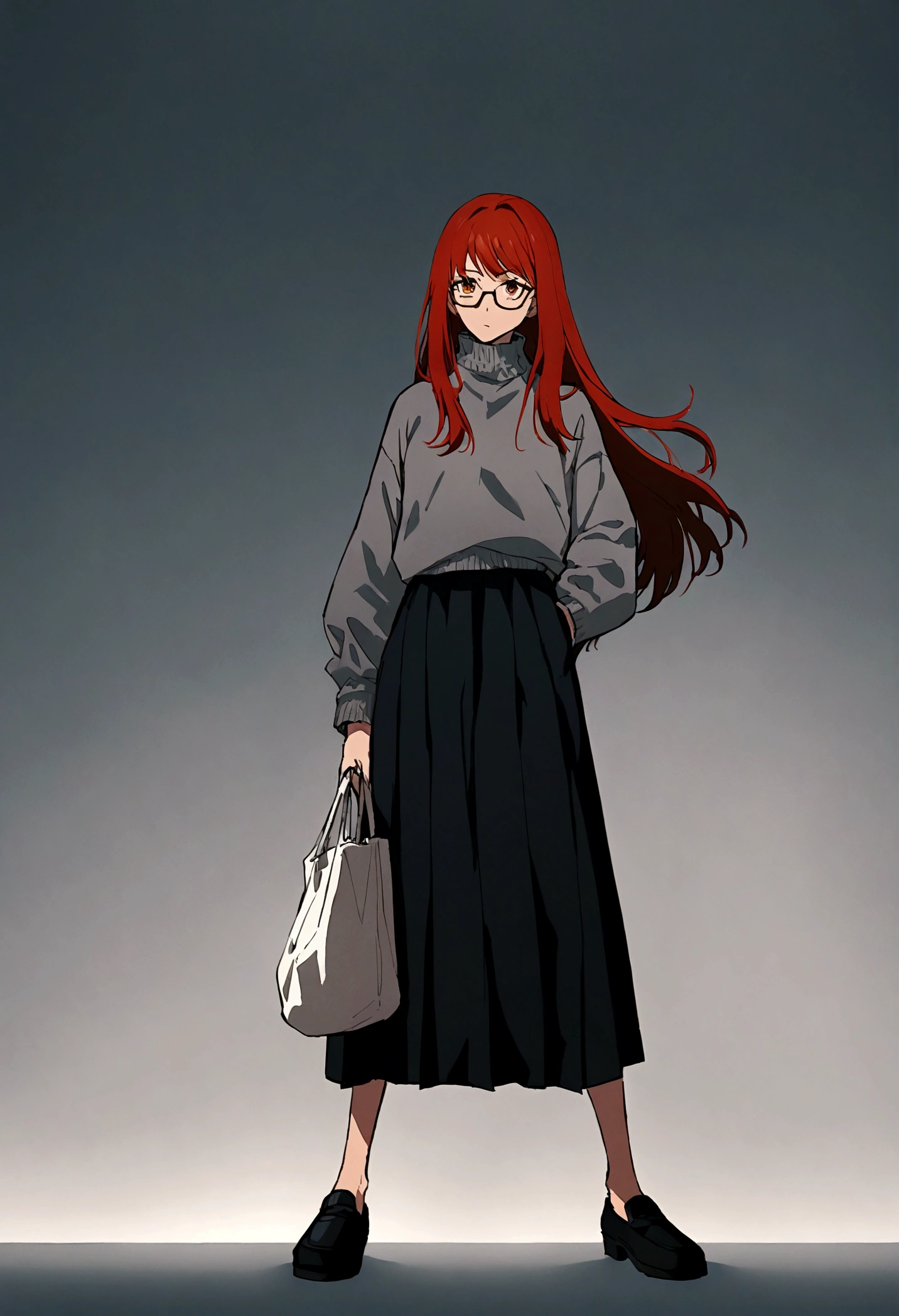 Jujutsu kaisen full body female anime character. She has _long red____ hair. She has brown eyes. She is wearing a grey sweater ___ with short black skirt and black moccasin_ shoes. She is holding _a white bag_____ on one hand while the other is in his pocket. She also has _glasses