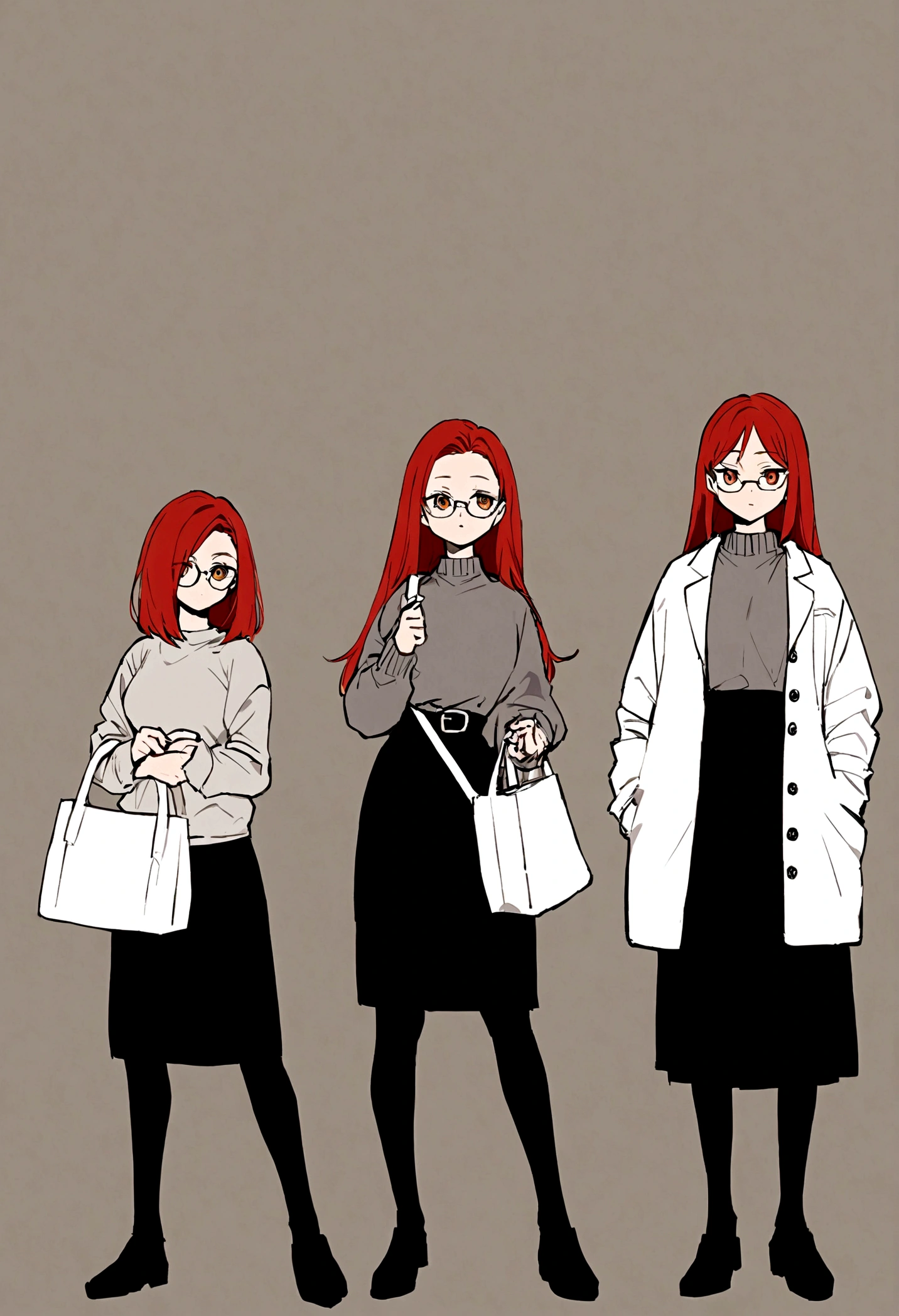 Jujutsu kaisen full body female anime character. She has _long red____ hair. She has brown eyes. She is wearing a grey sweater ___ with short black skirt and black moccasin_ shoes. She is holding _a white bag_____ on one hand while the other is in his pocket. She also has _glasses
