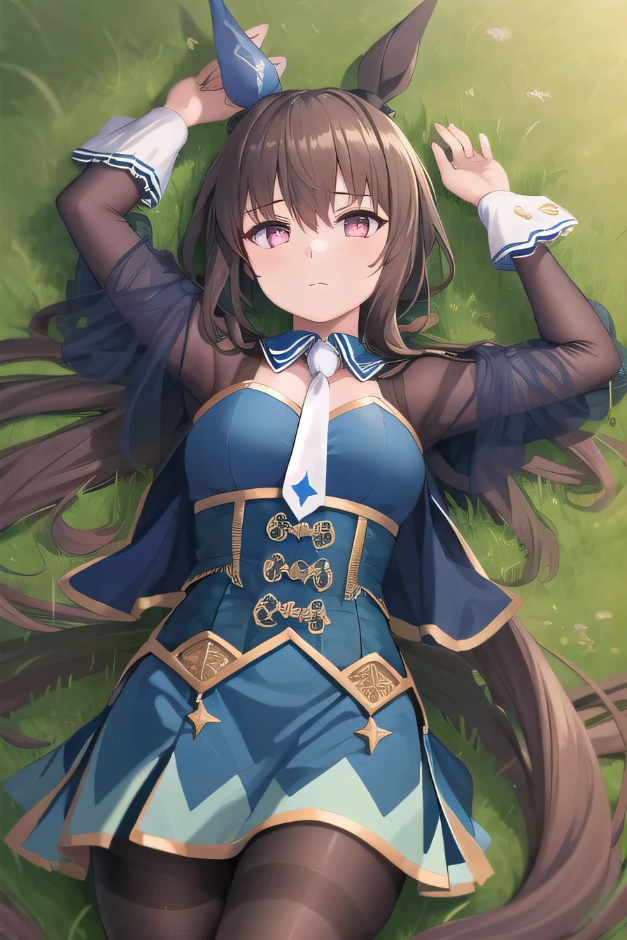 (masterpiece, best quality:1.2), solo, 1girl, admirevega, looking at viewer, closed mouth, on back, on grass, arms up, expressionless, (cowboy shot:1.5), lying, best quality, ponytail, horse ears, ear covers, blue dress, necktie, pantyhose, horse tail 