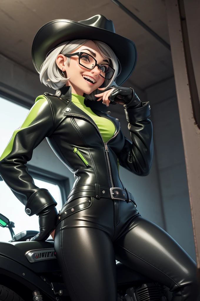obra prima, melhor qualidade, (kat timpf 70yo) head back, bad girl, big side smile, open mouth, short silver emo hair, black plastic glasses, leather biker jacket, leather chaps with fringe, leather cowboy hat, nipples, (shiny lime green leather,) studs zippers snaps, shiny leather gloves, body is skinny, reclining in car seat, arched back, hips twisted, stick shift, overhead camera view, looking down at me, shallow depth of field, highres, HD, 8k, anatomically correct