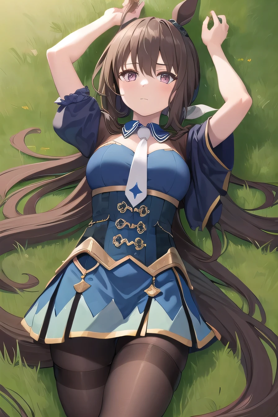 (masterpiece, best quality:1.2), solo, 1girl, admirevega, looking at viewer, closed mouth, on back, on grass, arms up, expressionless, (cowboy shot:1.5), lying, best quality, ponytail, horse ears, ear covers, blue dress, necktie, pantyhose, horse tail 