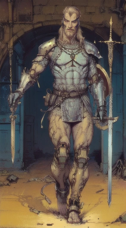 1man, giant brutish man, perfect proportions, anatomically correct, (head to toe: 2.0), (full body image: 2.0), solo, extremely stylized, masterpiece, highly detailed, detailed eyes, expressive detailed eyes, detailed pupils, futuristic, ((wearing medieval armor )), ((holding a sword and shield)), (cybernetic arms:1.4), big boots, entire body image, full body shot, large beads, (large tassels), inkpunk, paint platter, ink splatter, (action pose:1.0), ((chainmail shirt)), old warrior, long beard, ((armor shoulders))