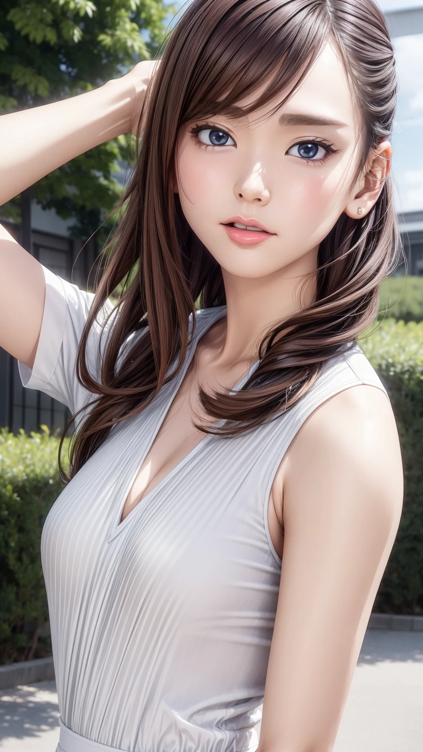 8K quality、High resolution、Realistic skin texture、High resolutionの瞳、woman、Japanese summer high school girls uniform、Princess Hair、thin、リアルなwoman性器、Small and young breasts、Realistic tongue、Beautiful cleavage、Brown Hair、blue eyes、thin脚、Sweating profusely、Sweat accumulates in the chest、Evening schoolyard、Shooting from the side、Open your mouth wide、