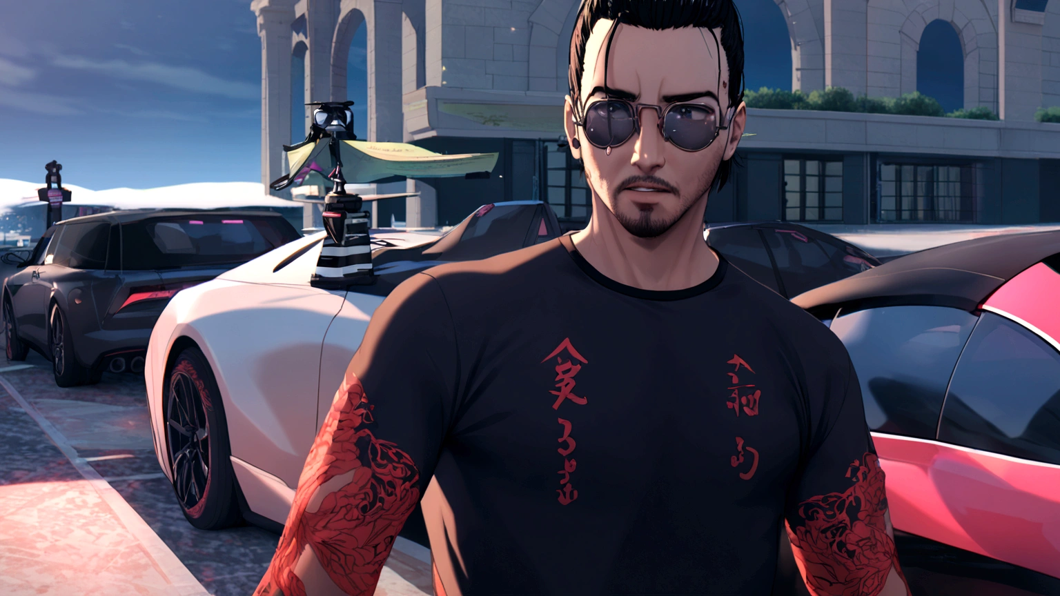 a black-haired anime man wearing aviator glasses, highly detailed, cinematic lighting, dramatic pose, 8k, stunning, masterpiece