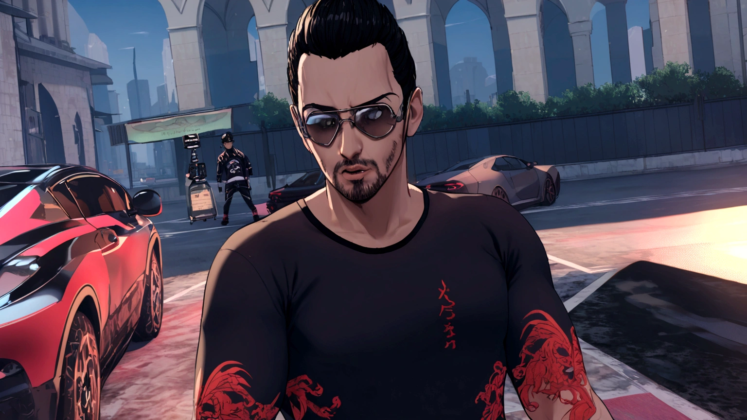 a black-haired anime man wearing aviator glasses, highly detailed, cinematic lighting, dramatic pose, 8k, stunning, masterpiece