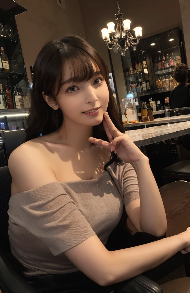 (Ultra-realistic), (figure), (High resolution), (8k), (Very detailed), (Best figure), (Beautiful and detailed), (highest quality), (Super detailed), (masterpiece), (wallpaper), (Detailed face), alone, One Girl, whole body, Spectators Gazing, Beautiful eyes and mouth, Detailed face, bar counter, In the Dark, Modest, Pure Erotic Face Ace_v1, smile, Long Hair, Dark blonde straight hair, bangs, Sitting in a chair, Beautiful Teeth, Blushing, A captivated look, Complex off-the-shoulder clothing,