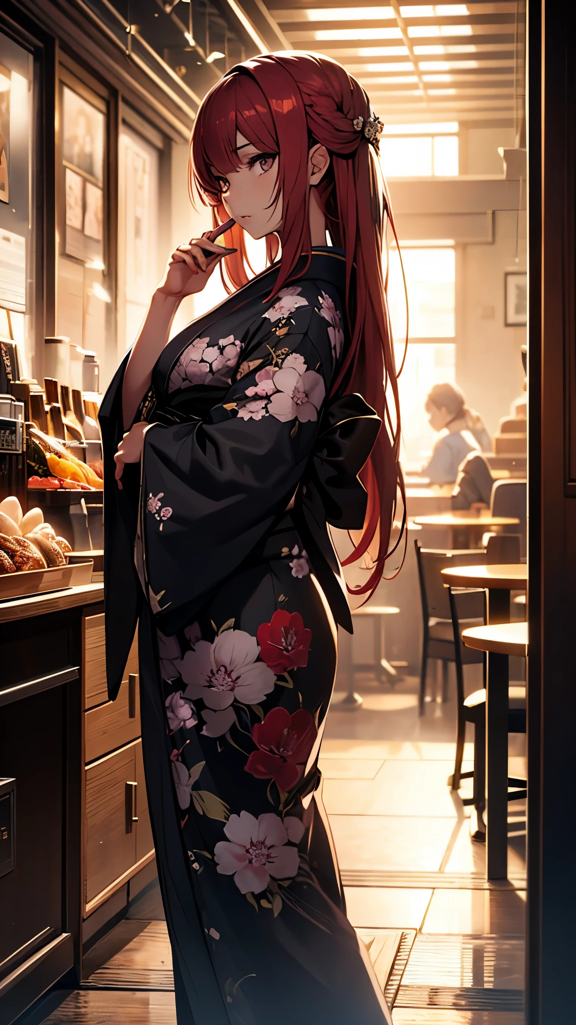 (1girl:1.3), Masterpiece, Best quality, amazing beauty, [[3D]], 4K, absurdres, finely detail, super detailed eye, perfect ???????, official art, cinematic lighting, BREAK, cafe, silky long hair, red hair, super shiny detailed black eye, big eyes, cute eyes, thin eyebrow, （retreating figure）, she's hiding her face. close-mouth, thin lips, BREAK , usually, tall, medium, fair skin, detailed skin, Are standing, profile, from front, lighting, BREAK , (kimono:1.2), She's sitting in a chair reading a book.