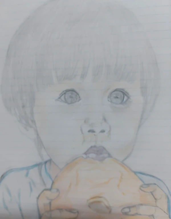 フォークでパンを食べているpicture, she is eating a peach, with a large head and big eyes, Realism drawing, Eating a hamburger, Close-up portrait, kawaii realistic Portraiture, picture, 子供のpicture, inspired by Nara Yoshitomo, 色あせたpicture, Eating a hamburger, Portraiture!!!!!!, 🤤 girl Portraiture
