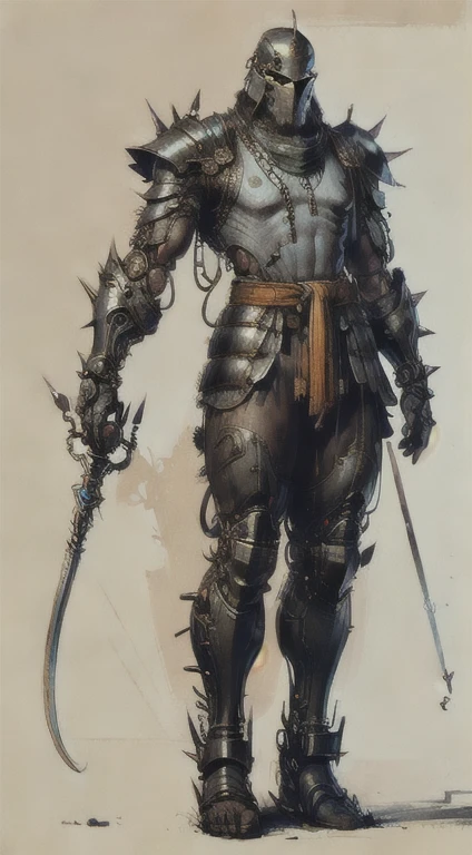 1man, old man, perfect proportions, anatomically correct, (head to toe: 2.0), (full body image: 2.0), solo, extremely stylized, deviant art, masterpiece, highly detailed, detailed eyes, expressive detailed eyes, detailed pupils, futuristic, ((wearing an armored helmet)), ((holding a spiked flail)), (cybernetic arms:1.4), big boots, entire body image, full body shot, nvinkpunk, professional photograph of alexander_skarsgard, tassles, large beads, (large tassels), cyberpunk, inkpunk, paint platter, ink splatter, (action pose:1.0), ((chainmail shirt)), old warrior, long beard, ((armor shoulders))