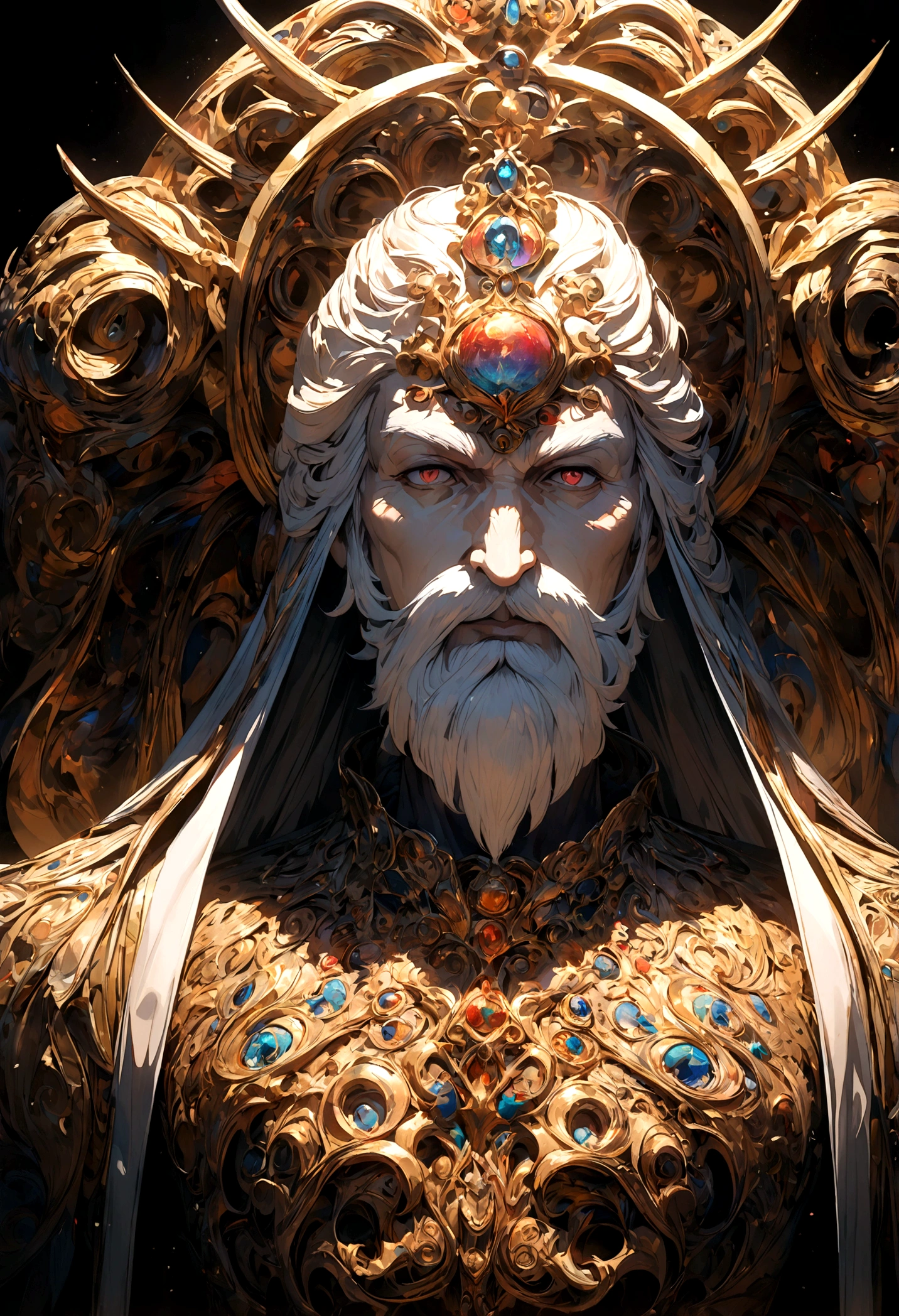 a powerful god with a white beard standing beside a delicate goddess, black background, anime style, detailed face, detailed clothing, intricate details, complex composition, refined textures, vibrant colors, masterful rendering, 8k, best quality