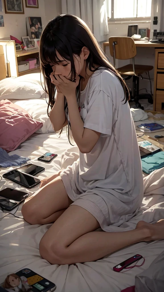 "Mujer joven llorando en una cama", "Rompimiento amoroso", "Mobile phone with farewell message", "Sad and messy room", "Luz tenue", "Emotion of sadness and loneliness".