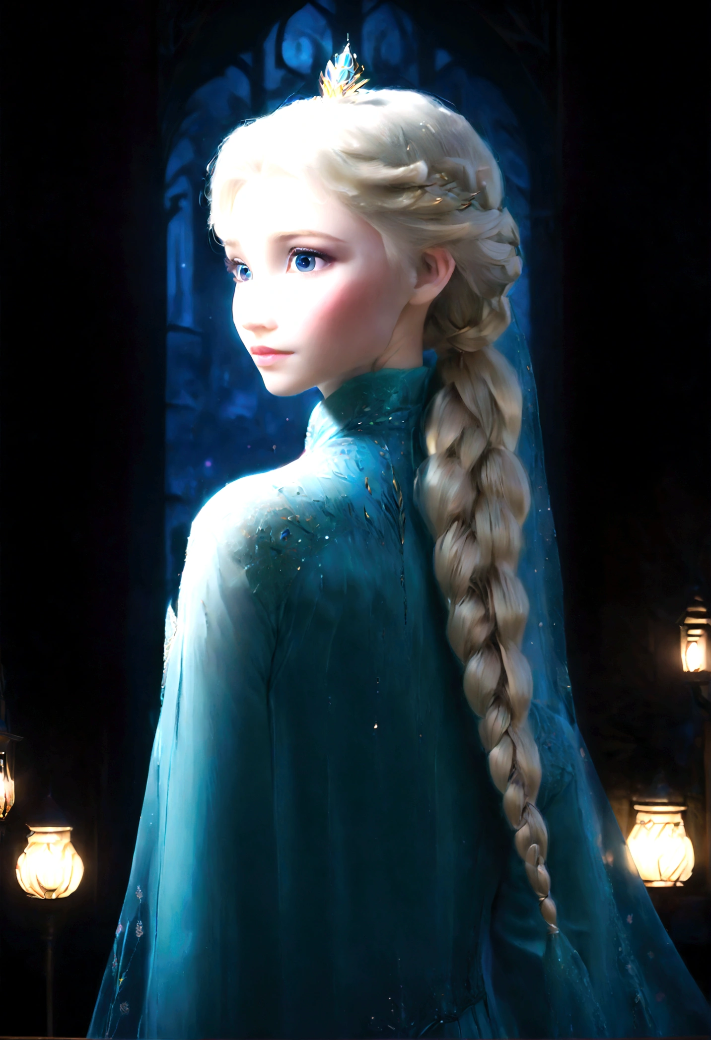 1girl, elsa \(frozen\) in the corridor of the library, (single braid), (Elsa's Coronation Dress), cloak, upper body, long hair, worm light, solo, (braid over shoulder:0.7), shy, (blush:0.4), detailed skin, (Back View, from behind:1.4), looking back over shoulder, Arabian palace background, Frozen_elsa_textV1-PonyXL, anime screenshot, source_anime, dramatic composition, cinematic dynamic action scene, vibrant colors, cinematic lighting, dramatic lighting, best quality, masterpiece, very aesthetic, perfect composition, intricate details, ultra-detailed