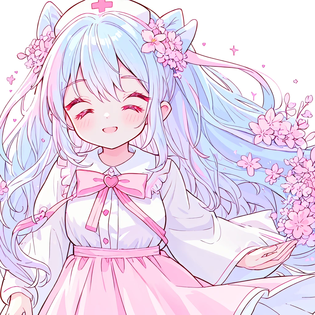 beautiful a girl wearing a pink nurse uniform and a pink nurse cap,, (highest quality,masterpiece,16K or 8K,Super detailed,gradient glitter ),(Upper body、front), background Colorful heart,  beautiful, masterpiece, highest quality、gradient hair, light blue hair, floating hair, wavy hair,fluffy hair、 Hair in the wind, pastel wreath on head,Hairpins, heart-shaped hairpins with a red cross inside, Lavender colored eyes, long eyelashes, beautiful eyes、pointed ears, light smile, bright pupils, (a girl closes her eyes and opens her mouth and smiles happily.),digital illustration, highest quality,High resolution,  romantic academia, romantic atmosphere, fantasy, white background, happy, laughing,