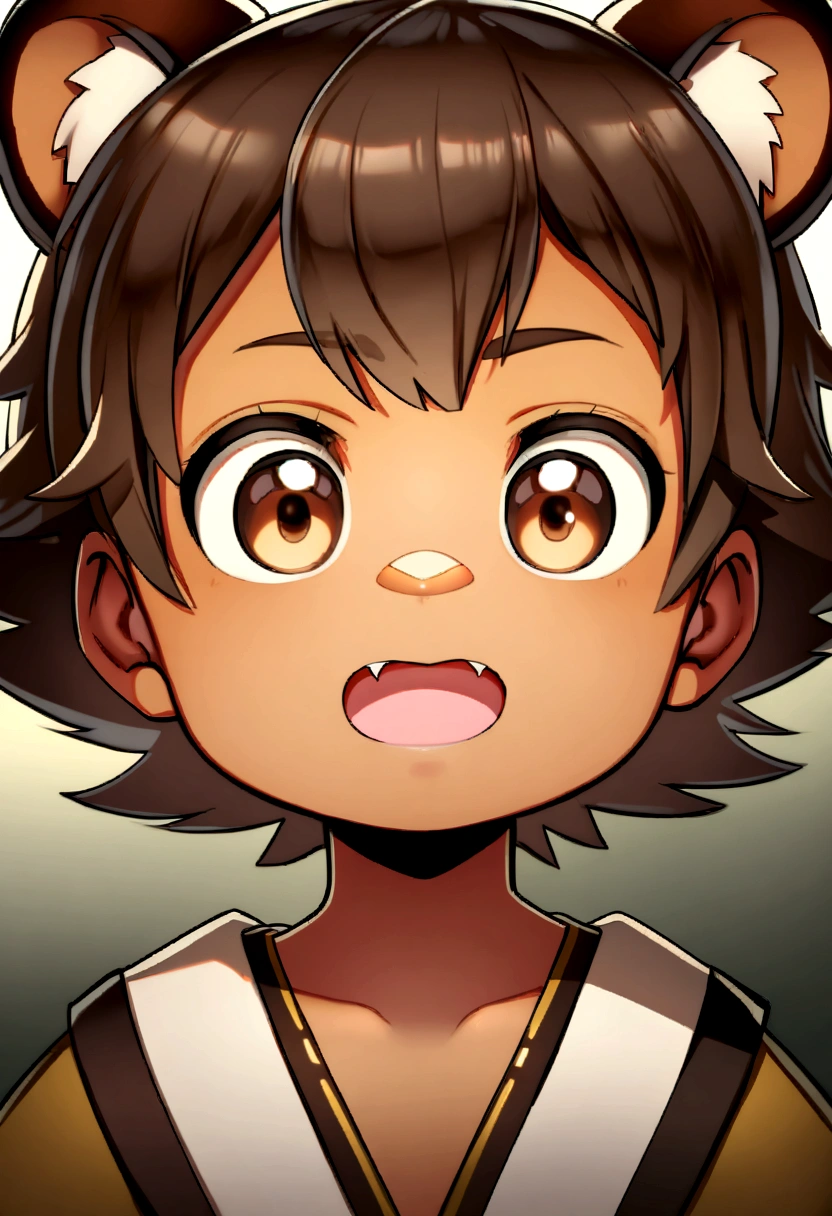 bust_portrait, boy, raccoon ears, brown hair, brown eyes, fang, tan skin, cute adorable, little boy, shota, cute, innocent