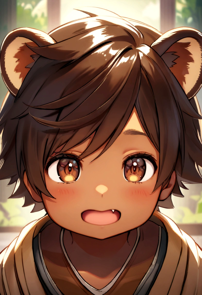bust_portrait, boy, raccoon ears, brown hair, brown eyes, fang, tan skin, cute adorable, , shota, cute, innocent