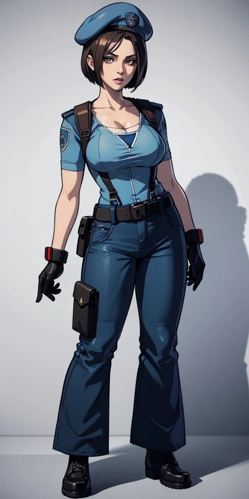 Jill Valentine, full body, masterpiece, best quality, 1girl, solo, standing, jillre1, beret, uniform, shoulder pads, short sleeves, harness, belt, blue pants(Wide flares on pants:1.2), cleavage, black combat boots, full body, perfect eyes, perfect red mouth,