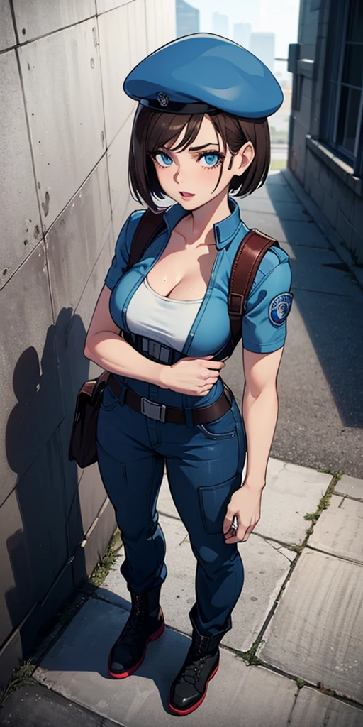 Jill Valentine, full body, masterpiece, best quality, 1girl, solo, standing, jillre1, beret, uniform, shoulder pads, short sleeves, harness, belt, blue pants(Wide flares on pants:1.2), cleavage, black combat boots, full body, perfect eyes, perfect red mouth,