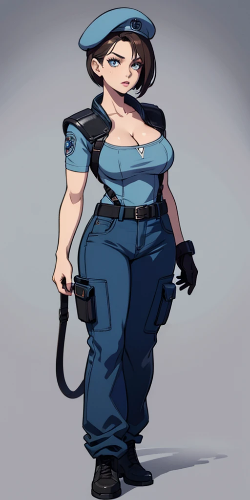 Jill Valentine, full body, masterpiece, best quality, 1girl, solo, standing, jillre1, beret, uniform, shoulder pads, short sleeves, harness, belt, blue pants(Wide flares on pants:1.2), cleavage, black combat boots, full body, perfect eyes, perfect red mouth,