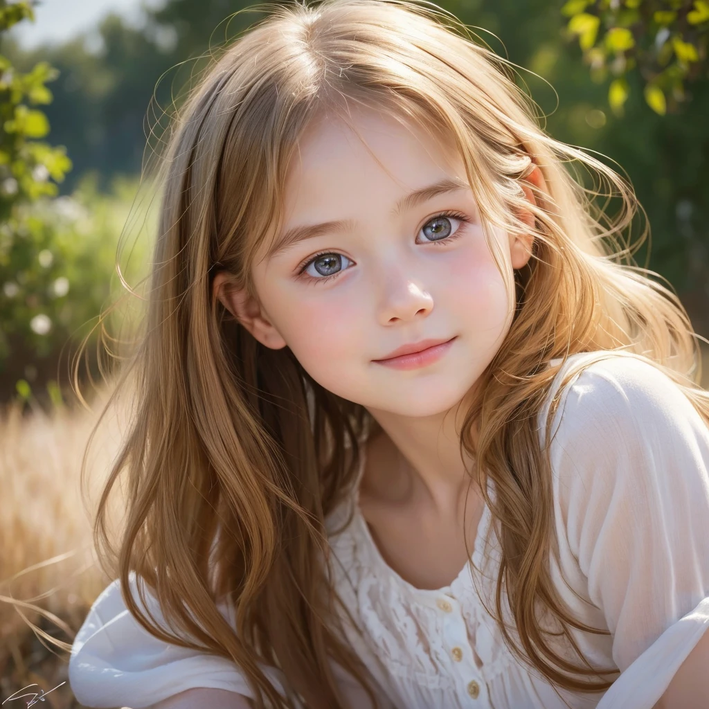 Soft portrait of a young girl, innocent expression, captivating eyes, delicate features, baby face, full and luscious lips, gentle smile, rosy cheeks, flowing hair, natural beauty, detailed realism, warm and soft color palette, natural lighting, tender and emotional vibe, portrait artist's signature style, high-resolution digital painting, Artstation showcase.
