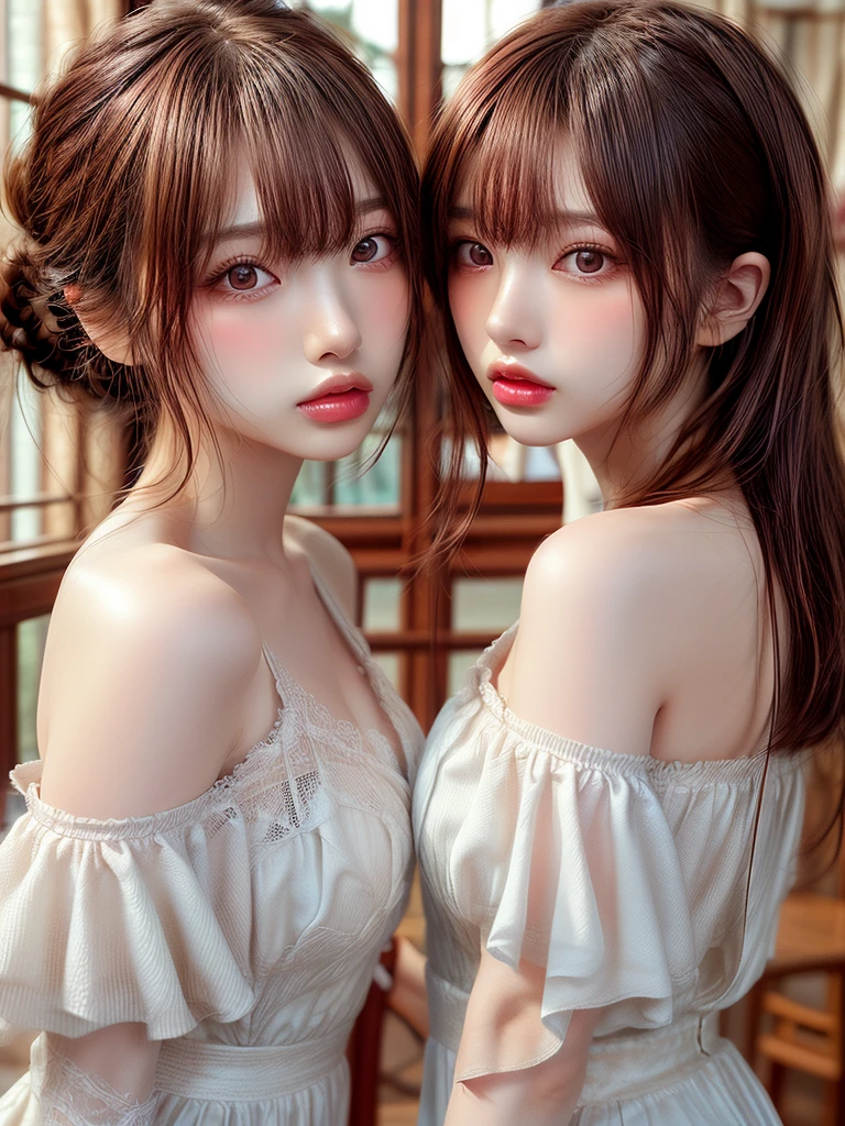 masterpiece, 1 beautiful girl, fine grain, Swollen eyes, highest quality, Ultra High resolution, (reality: 1.4), Cinema Lighting, Japanese, Asian Beauty, Korean, so beautiful, Beautiful Skin, thin, Body facing forward, (Ultra-realistic), (High resolution), (8k), (Very detailed), ( Best illustrations), (Beautiful and exquisite), (Very detailed), (wallpaper), Detailed face, Bright lighting, Professional Lighting, View your audience, Look straight ahead, White Dress, 46 point diagonal bangs, Window、、Off-the-shoulder dress 1.5、Lace fabric、Transparency、Transparency、Bust up photo、Soft light pours down、1.2、