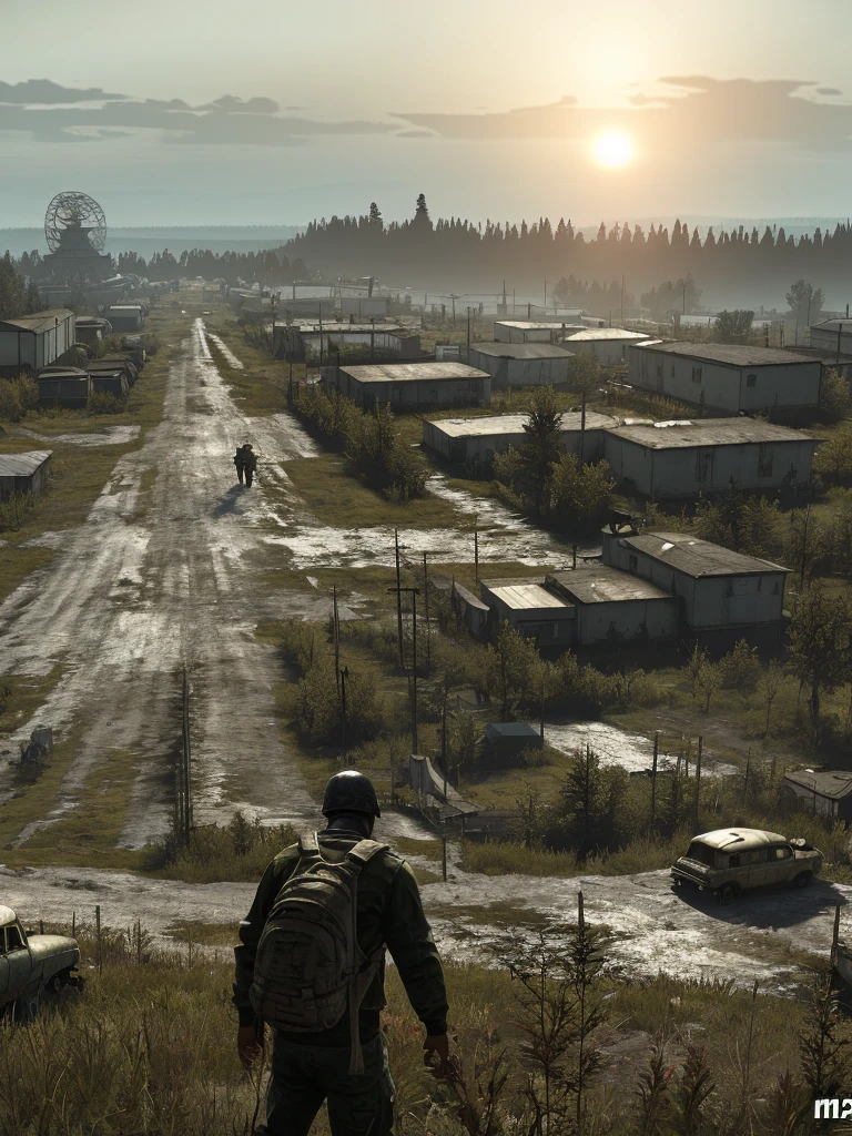 Make a game picture called dayz,There are people in the picture,Chernobyl in the background