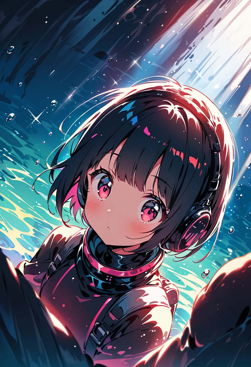 (extremely detailed fine touch:1.3), (hard light, studio light, light rays, dappled light, reflection, shadows, ray tracing:1.0), (2D:1.3), ///, kawaii girl, scuba diving, beautiful sea, (super very short hair:1.3), surrounded by shining light, headphones,