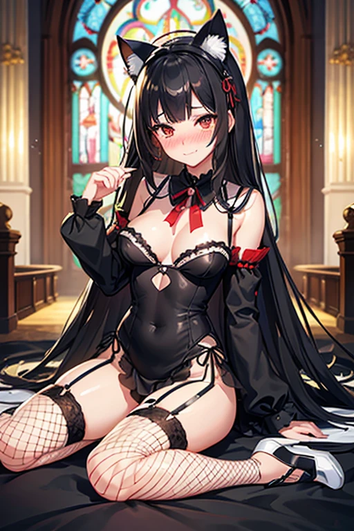 18 yeas old, girl, black hair, long hair, slim, big tits, narrow red eyes, cute, cat ears, (embarrassed, blush:1.3), smiling, black lace, sailor uniform, See-through, ribbon, fishnet, garter belt, frills, Kneesocks, high heels, blue rose, headdress, frontal, spread legs, church,