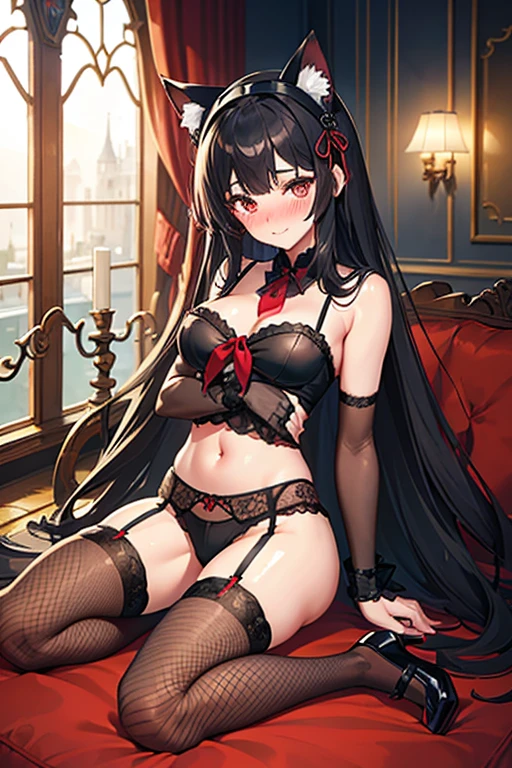 18 yeas old, girl, black hair, long hair, slim, big tits, narrow red eyes, cute, cat ears, (embarrassed,  blush:1.3), smiling, black lace, sailor uniform, See-through, ribbon, fishnet, garter belt, frills, Kneesocks, high heels, blue rose, headdress, frontal, spread legs, church,