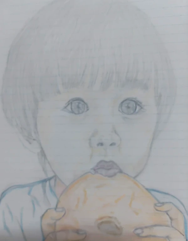 フォークでパンを食べているpicture, she is eating a peach, with a large head and big eyes, Realism drawing, Eating a hamburger, Close-up portrait, kawaii realistic Portraiture, picture, 子供のpicture, inspired by Nara Yoshitomo, 色あせたpicture, Eating a hamburger, Portraiture!!!!!!, 🤤 girl Portraiture