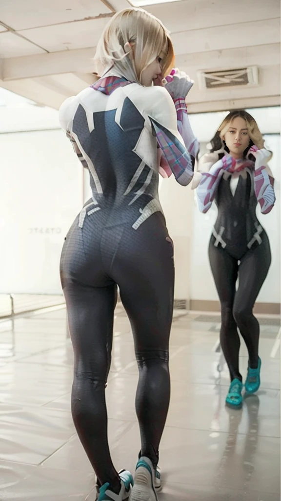 18yo Girl，White Spider-Man suit，short and wavy hair，blondehair，beautifulface，lluvia，teto，The Masterpiece，exquisite detailing，Perfect anatomy，best qulity，ultra-highresolution，4k, Full body Shot
