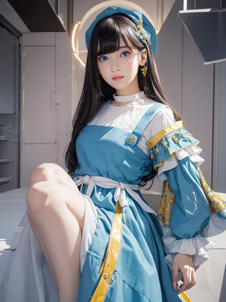 Bright expression、Photorealism、highest quality、超A high resolution、picture、Photo of a beautiful girl of Scandinavian origin、Extraordinarily beautiful girl、A cute and beautiful face down to the last detail、(Purelos Face_v1:0.008)、Beautiful Bangs、Alice in Wonderland、18-year-old、Glowing White Skin、Facial hair、Bangs on the face、Bangs between the eyes、Super long hair、Glamorous light and dark platinum blonde super long straight silky hair、Beautiful bright transparent light blue big eyes that are charming and shining、White apron、Yellow Dress、eyeliner、double eyelid、Ample breasts