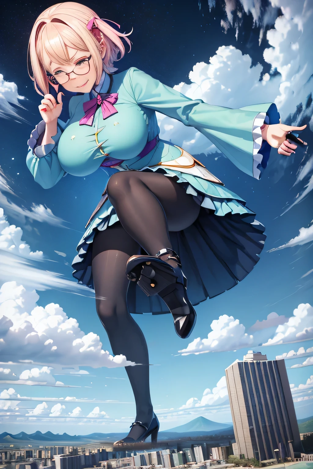 giantess art, highly detailed giantess shots, giantess, most detailed, perfect face, Two legs, Five fingers, A beautiful girl who is bigger than a skyscraper, short hair, Wearing rimless glasses, smile, huge breasts, blue base magical girl dress, bow, magical girl, holding a magical wand, black pantyhose, blue stiletto heels, thunderbolt from a magical wand, Destroying cities, Under heavy attack, A very small big city, Miniature metropolis, Full body description, GTS, giga giantess, stomping city, crash city, tiny city, micro city, pantyhose feet, High resolution, highest quality, masterpiece,