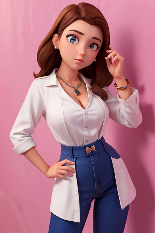 front look. (wearing a different color and upper clothes). wearing different pants, wear necklaces and bracelets. head straight facing the camera. (standing upright, body facing the camera, The hands are very detailed). (the fingers look perfect). A beautiful young woman in her 25s with large breasts, slightly visible cleavage, sharp nose, narrow eyes, full of make-up. Different color, ((wear different uniform and color)), (Interior wall background)(no background). Girs uniform.a man's favorite woman.