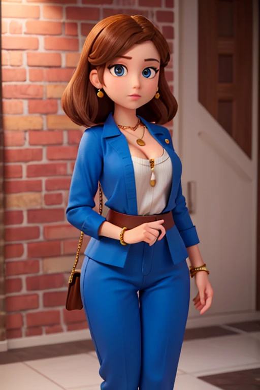 front look. (wearing a different color and upper clothes). wearing different pants, wear necklaces and bracelets. head straight facing the camera. (standing upright, body facing the camera, The hands are very detailed). (the fingers look perfect). A beautiful young woman in her 25s with large breasts, slightly visible cleavage, sharp nose, narrow eyes, full of make-up. Different color, ((wear different uniform and color)), (Interior wall background)(no background). Girs uniform.a man's favorite woman.