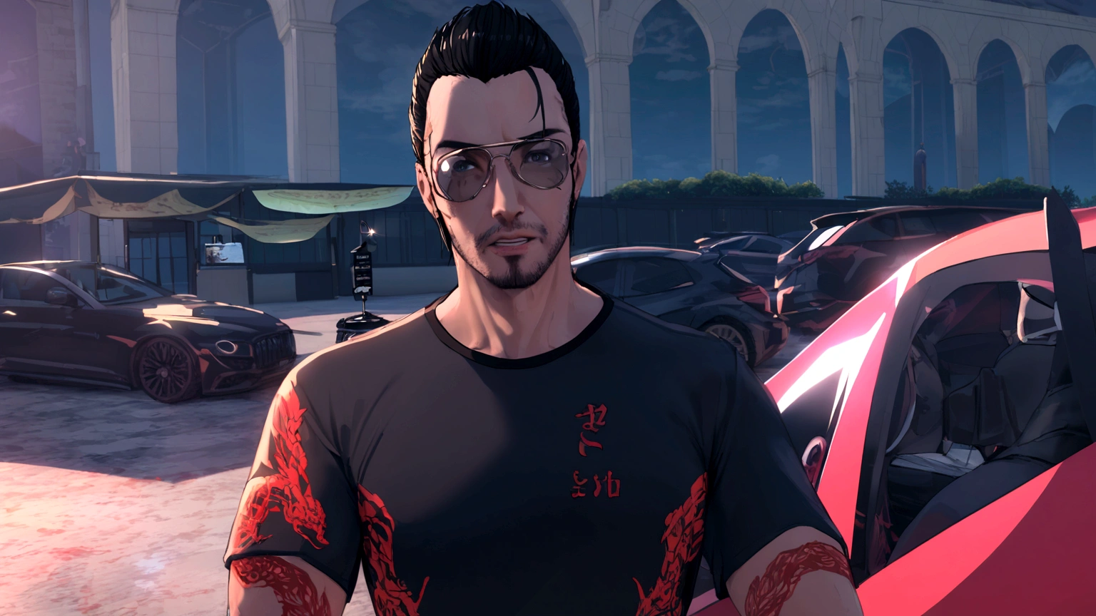 a black-haired anime man wearing aviator glasses, highly detailed, cinematic lighting, dramatic pose, 8k, stunning, masterpiece, black background, red wine