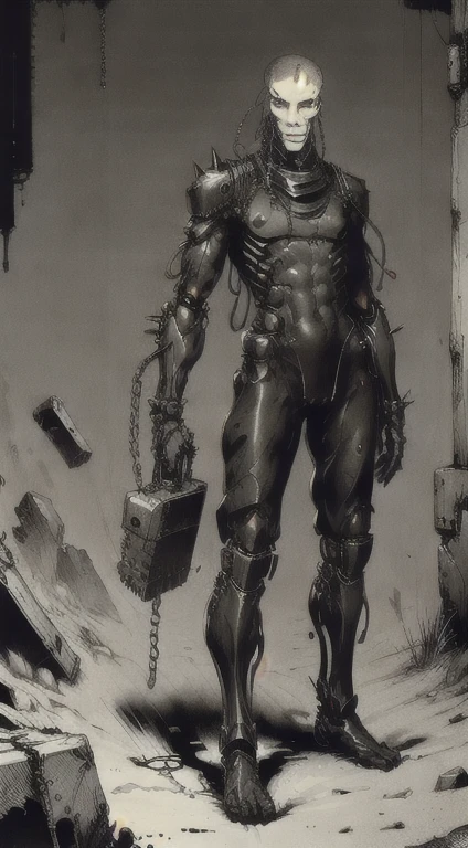 1man, old man, perfect proportions, anatomically correct, (head to toe: 2.0), (full body image: 2.0), solo, extremely stylized, deviant art, masterpiece, highly detailed, detailed eyes, expressive detailed eyes, detailed pupils, futuristic, ((wearing an armored helmet)), ((holding a spiked flail)), (cybernetic arms:1.4), big boots, entire body image, full body shot, nvinkpunk, professional photograph of alexander_skarsgard, tassles, large beads, (large tassels), cyberpunk, inkpunk, paint platter, ink splatter, (action pose:1.0), ((chainmail shirt)), old warrior, long beard, ((armor shoulders))