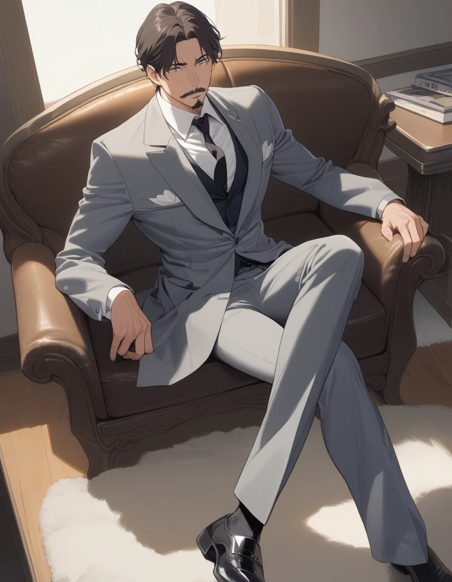 1man, mature male, parted bangs, medium-short hair, brown hair, muscular male celeb, short goatee, short mustache, indigo eyes, gentleman, elegant netori male, chiseled face, male high ratio body proportions, BREAK solo, white collared shirt, gray trench coat, black neck ribbon, fullbody, in gentle sasaki style, visual novel, 2010s, extreme all detailed, masterpiece, best quality