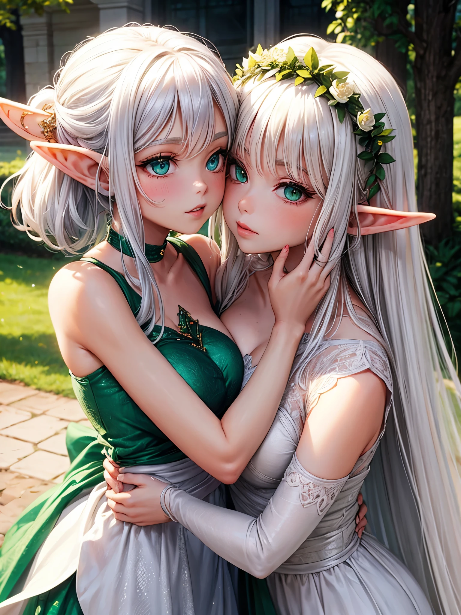 Hot girl elf, white hair, green eyes, wedding drees, kissing