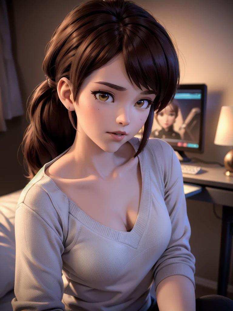 (DVA from Overwatch) without mech, a beautiful woman with short brown hair in a (ponytail), high quality refelctions, volumetric lighting, wearing a (plain white t-shirt), in her bedroom on her bed, 1 girl solo, cinematic lighting, high resolution, physically-based rendering, extremely detailed, 8k, volumetric lighting, hyperrealistic, detailed facial features, masterpiece, intricate details, full upper body, gaming setup in background, cinematic, you can see the fabric of the shirt and the knits very detailed, small breasts, (nsfw)