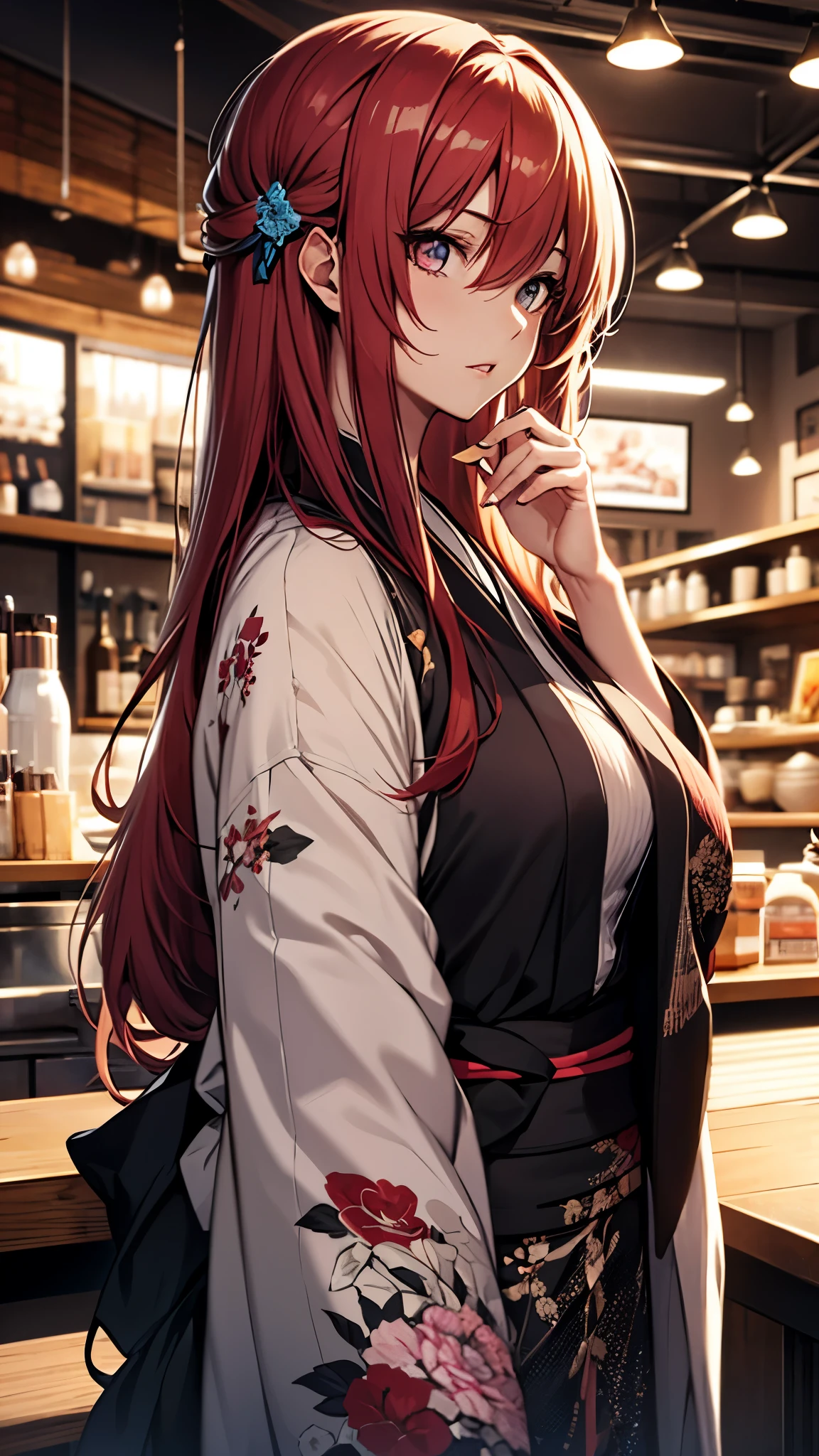 (1girl:1.3), Masterpiece, Best quality, amazing beauty, [[3D]], 4K, absurdres, finely detail, super detailed eye, perfect anatomy, official art, cinematic lighting, BREAK, cafe, silky long hair, red hair, super shiny detailed black eye, big eyes, cute eyes, thin eyebrow, （retreating figure）, she's hiding her face. close-mouth, thin lips, BREAK , usually, tall, medium, fair skin, detailed skin, Are standing, profile, from front, lighting, BREAK , (kimono:1.2) She's sitting there reading a book.
