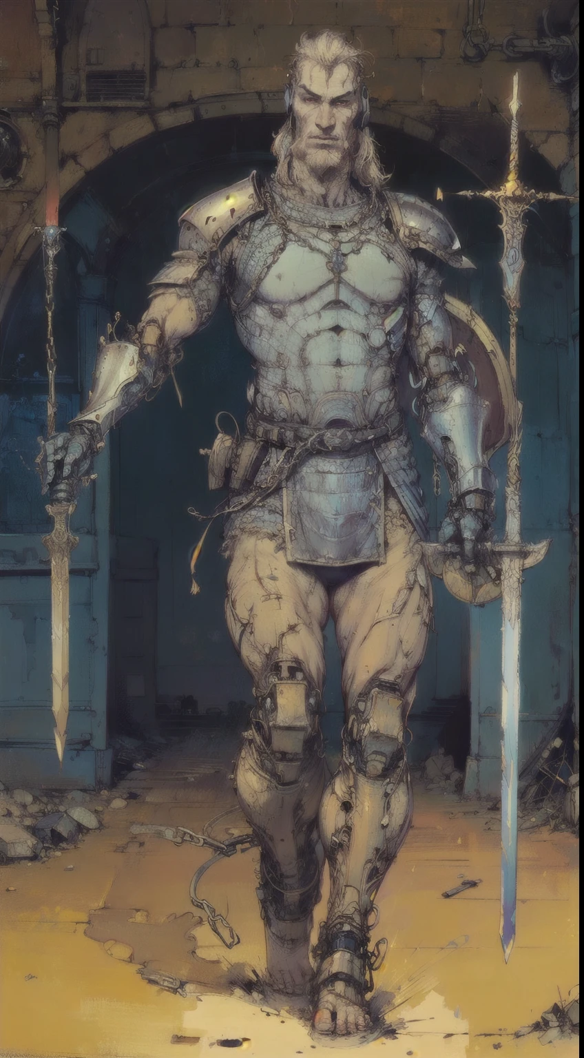 1man, giant brutish man, perfect proportions, anatomically correct, (head to toe: 2.0), (full body image: 2.0), solo, extremely stylized, masterpiece, highly detailed, detailed eyes, expressive detailed eyes, detailed pupils, futuristic, ((wearing medieval armor )), ((holding a sword and shield)), (cybernetic arms:1.4), big boots, entire body image, full body shot, large beads, (large tassels), inkpunk, paint platter, ink splatter, (action pose:1.0), ((chainmail shirt)), old warrior, long beard, ((armor shoulders))