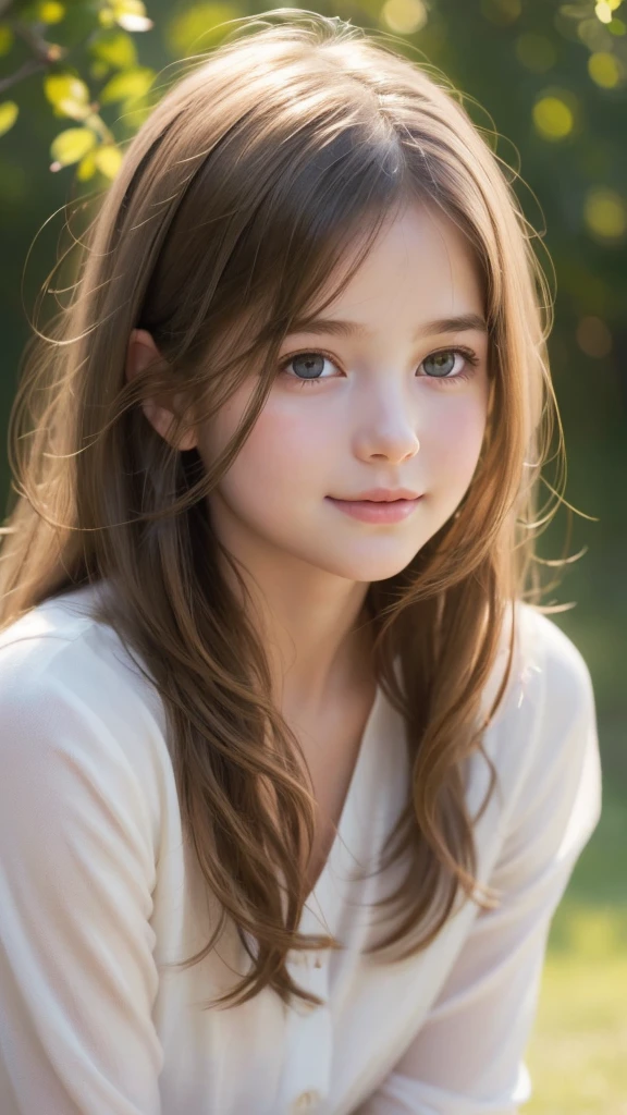 Soft portrait of a young girl, innocent expression, captivating eyes, delicate features, baby face, full and luscious lips, gentle smile, rosy cheeks, flowing hair, natural beauty, detailed realism, warm and soft color palette, natural lighting, tender and emotional vibe, portrait artist's signature style, high-resolution digital painting, Artstation showcase.